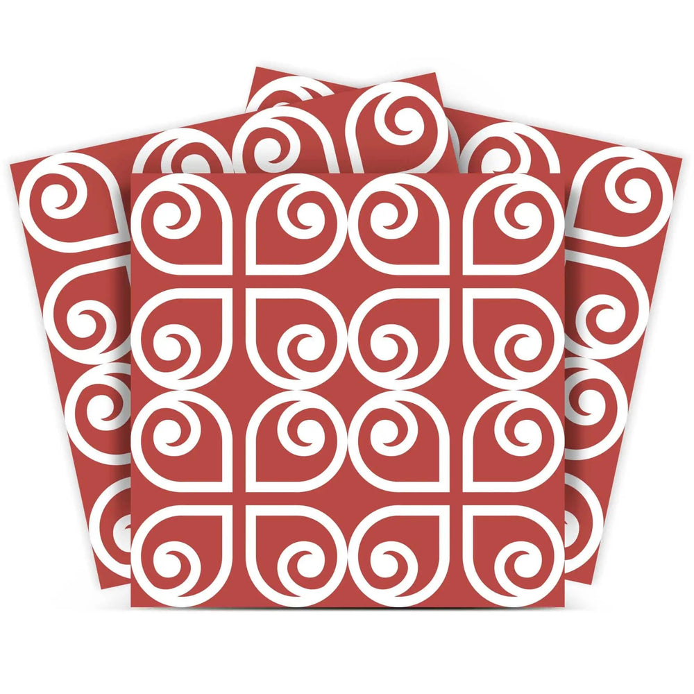4" x 4" Brick Red And White Scroll Peel and Stick Removable Tiles - Homeroots