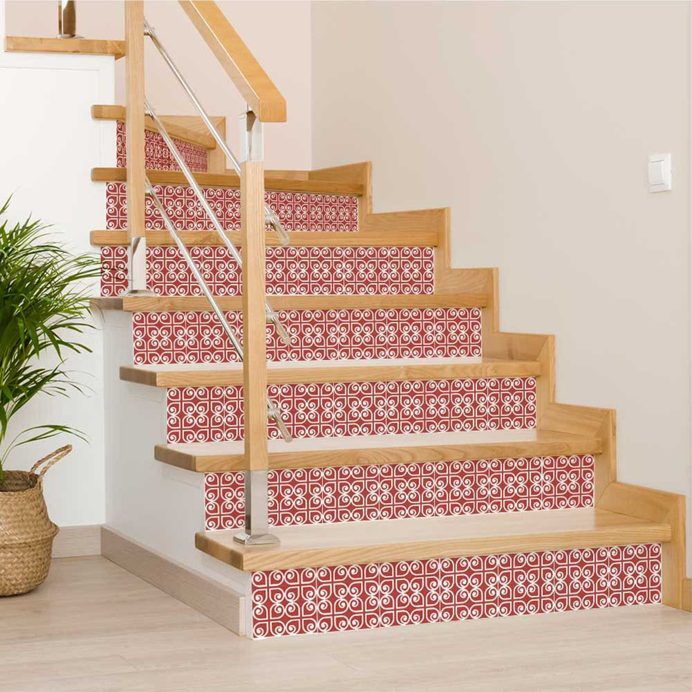 4" x 4" Brick Red And White Scroll Peel and Stick Removable Tiles - Homeroots