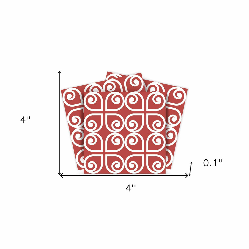4" x 4" Brick Red And White Scroll Peel and Stick Removable Tiles - Homeroots