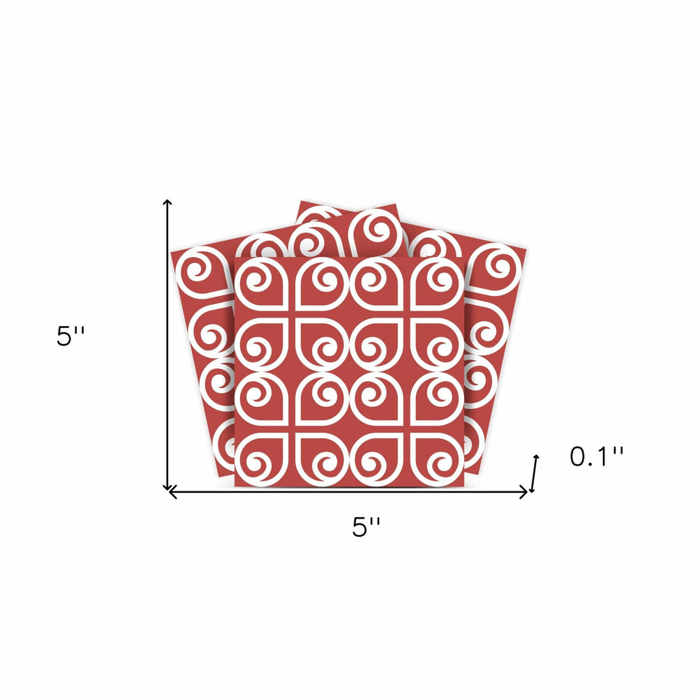 5" x 5" Brick Red And White Scroll Peel and Stick Removable Tiles - Homeroots