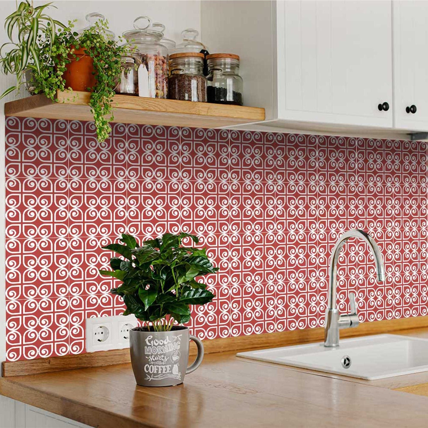 7" x 7" Brick Red And White Scroll Peel and Stick Removable Tiles - Homeroots - Flyclothing LLC
