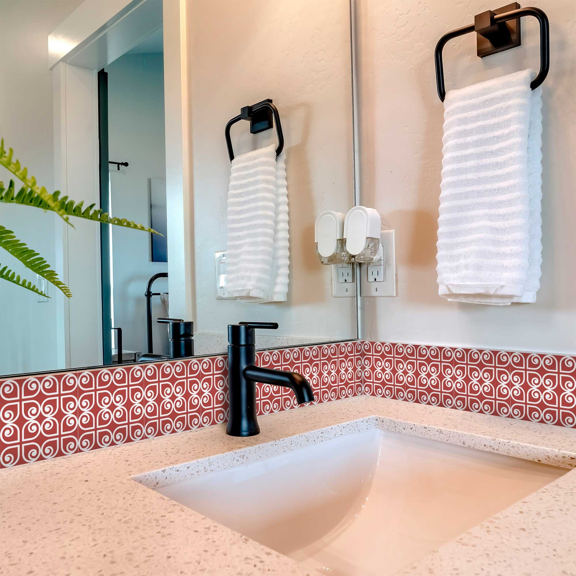 8" x 8" Brick Red And White Scroll Peel and Stick Removable Tiles - Homeroots - Flyclothing LLC