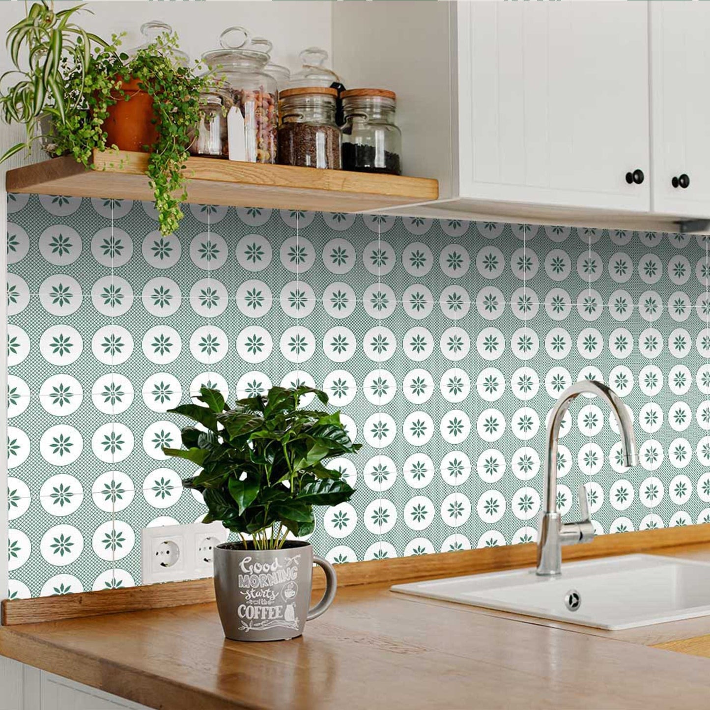 4" x 4" Light Sage And White Circle Flower Peel and Stick Removable Tiles - Homeroots - Flyclothing LLC