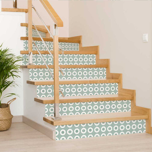 6" x 6" Light Sage And White Circle Flower Peel and Stick Removable Tiles - Homeroots