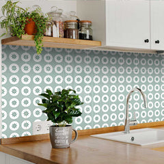 6" x 6" Light Sage And White Circle Flower Peel and Stick Removable Tiles - Homeroots