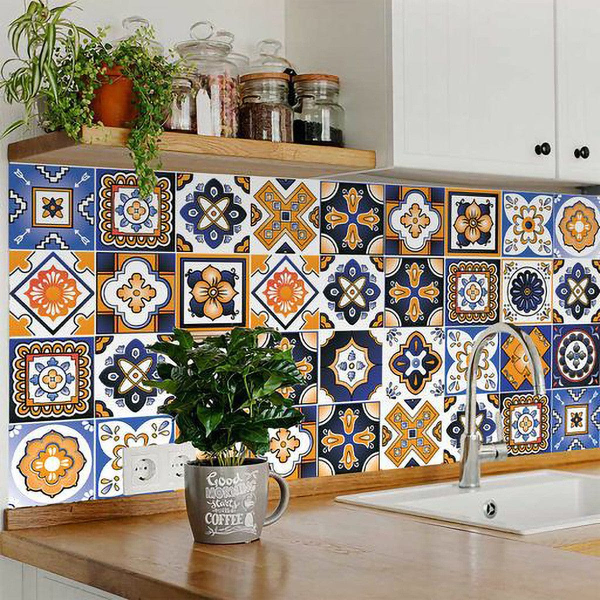 4" x 4" Shades of Blue and Yellow Mosaic Peel and Stick Removable Tiles - Homeroots - Flyclothing LLC