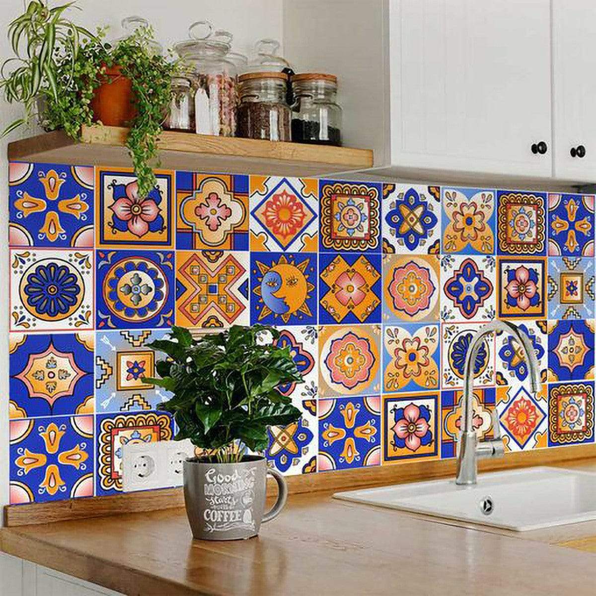 4" x 4" Blue and Gold Celestial Mosaic Peel and Stick Removable Tiles - Homeroots - Flyclothing LLC