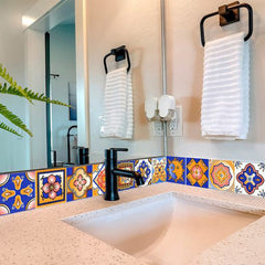8" x 8" Blue and Gold Celestial Mosaic Peel and Stick Removable Tiles - Homeroots