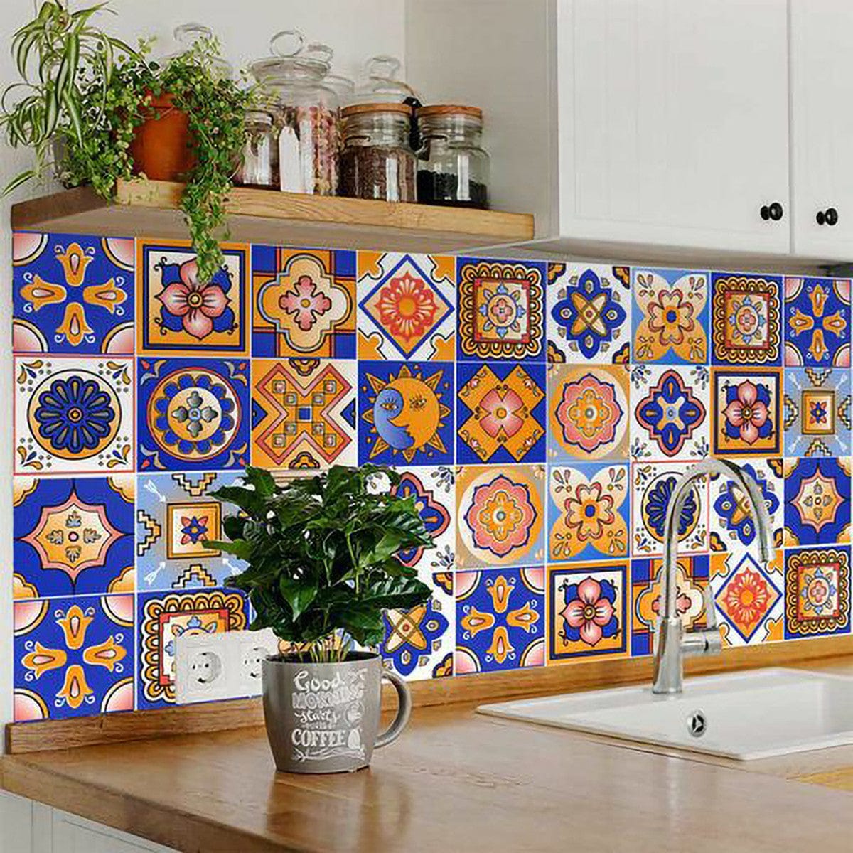 8" x 8" Blue and Gold Celestial Mosaic Peel and Stick Removable Tiles - Homeroots
