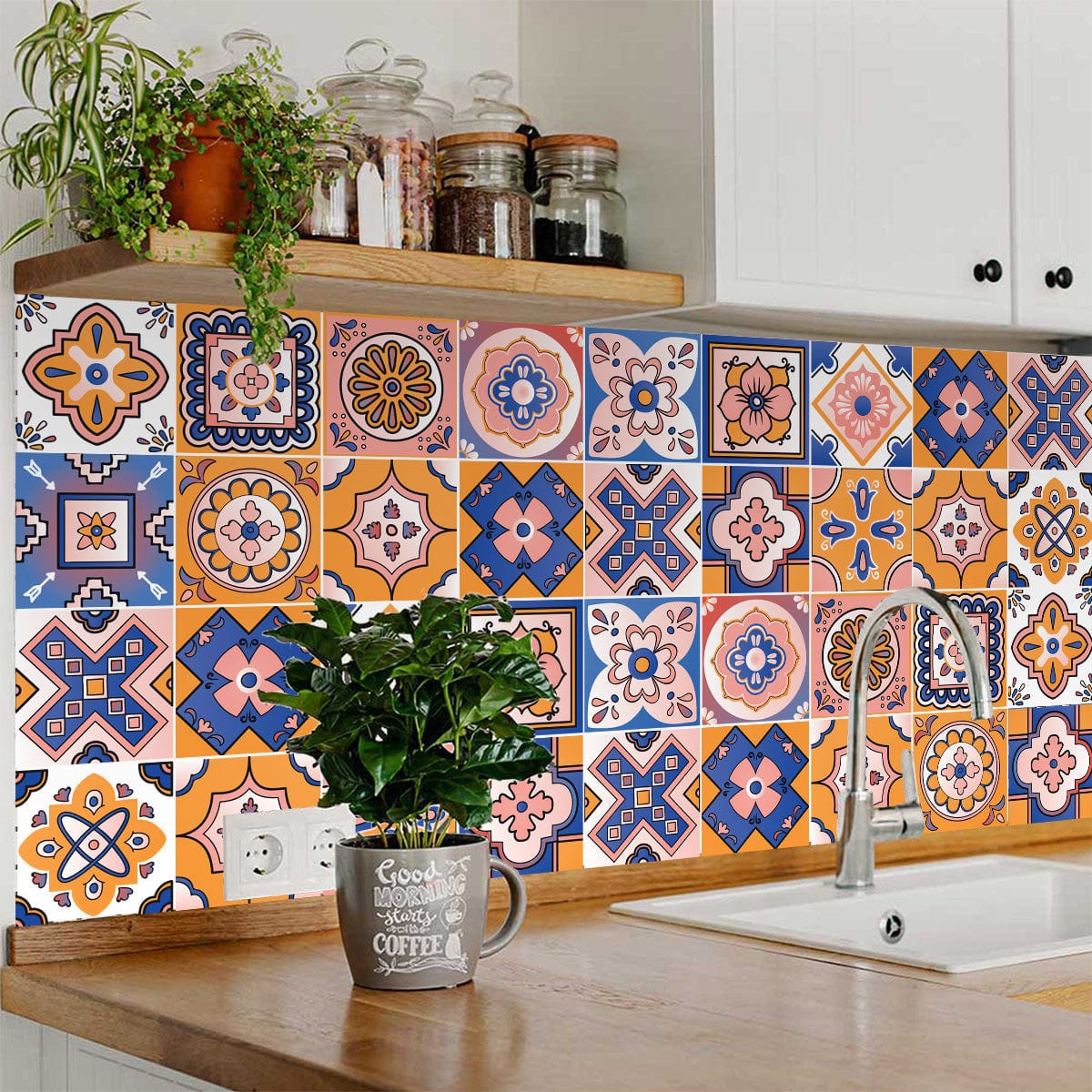 7" x 7" Blue Gold and Blush Mosaic Peel and Stick Removable Tiles - Homeroots - Flyclothing LLC