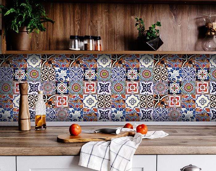 4" x 4" Blues and Reds Mosaic Peel and Stick Removable Tiles - Homeroots - Flyclothing LLC