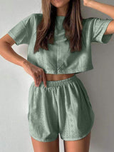 Eyelet Round Neck Top and Shorts Set - Trendsi - Flyclothing LLC