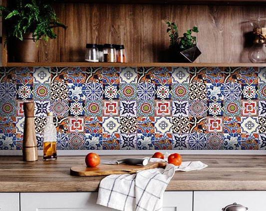 6" x 6" Blues and Reds Mosaic Peel and Stick Removable Tiles - Homeroots