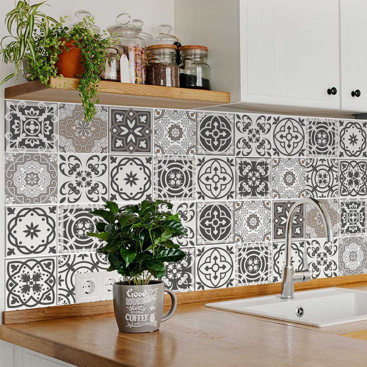 4" x 4" Wood Brown and White Mosaic Peel and Stick Removable Tiles - Homeroots - Flyclothing LLC