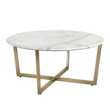 36" White And Gold Faux Marble Round Coffee Table - Homeroots