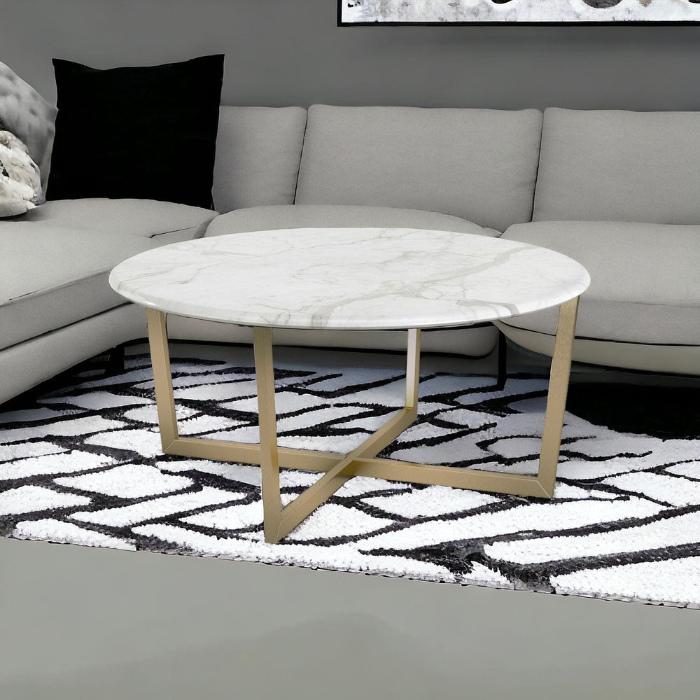36" White And Gold Faux Marble Round Coffee Table - Homeroots - Flyclothing LLC
