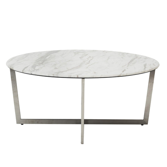 36" White And Silver Metal Round Coffee Table - Homeroots