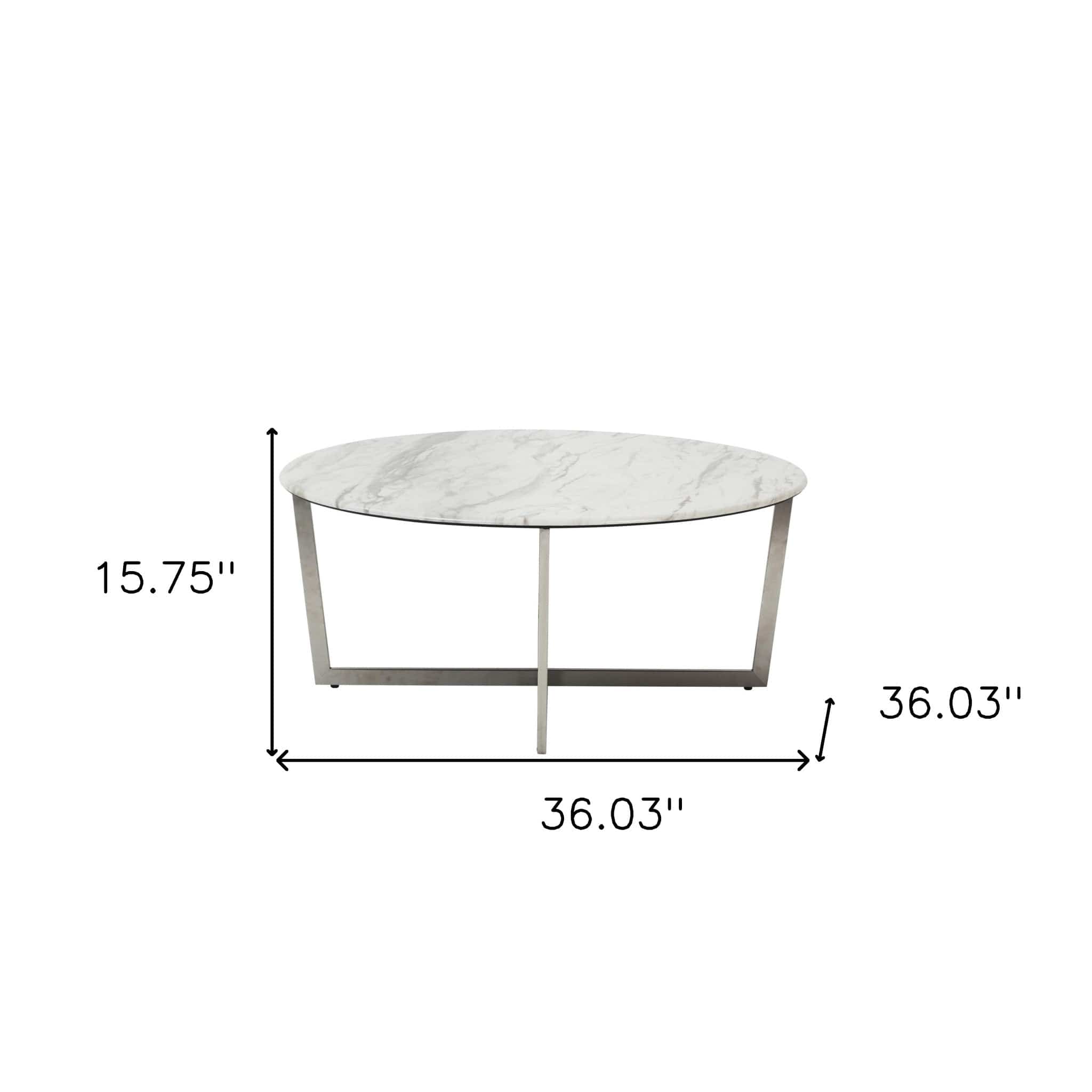 36" White And Silver Metal Round Coffee Table - Homeroots