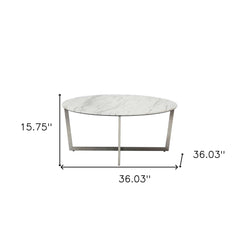 36" White And Silver Metal Round Coffee Table - Homeroots