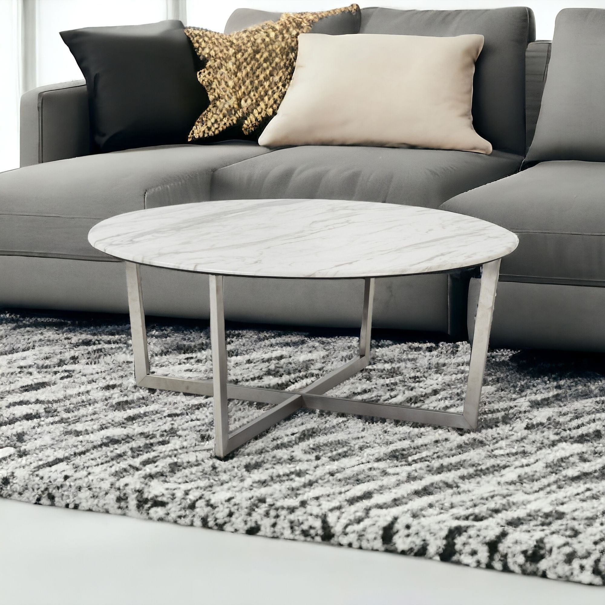 36" White And Silver Metal Round Coffee Table - Homeroots