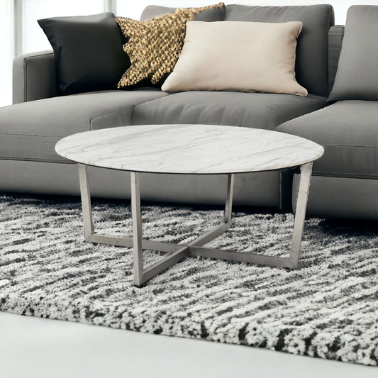 36" White And Silver Metal Round Coffee Table - Homeroots