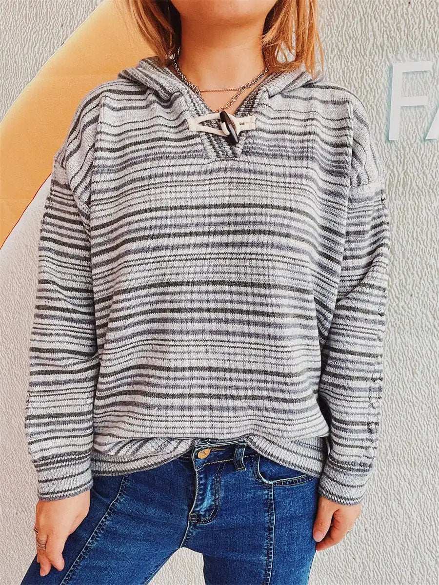 Striped Long Sleeve Hooded Sweater - Trendsi - Flyclothing LLC
