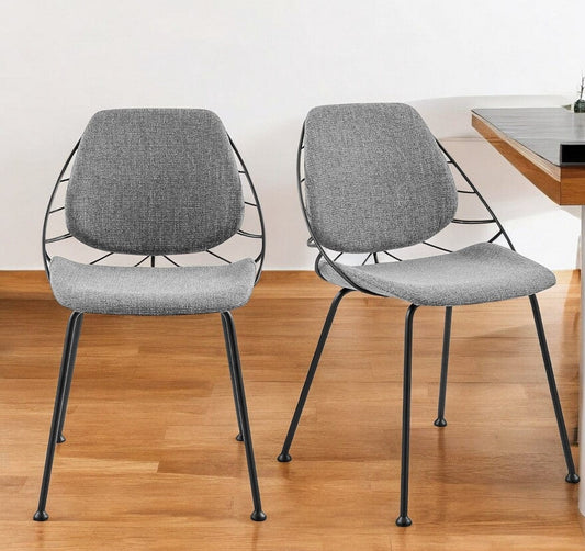 Set of Two Leaf Light Gray Fabric and Black Dining Chairs - Homeroots