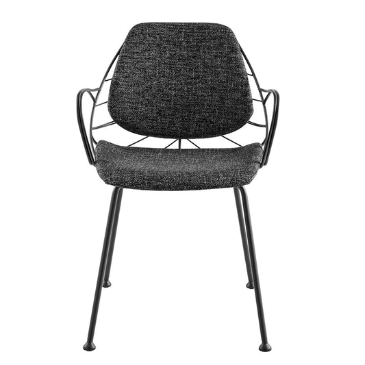 Set of Two Leaf Dark Gray Fabric and Black Dining Armchairs - Homeroots