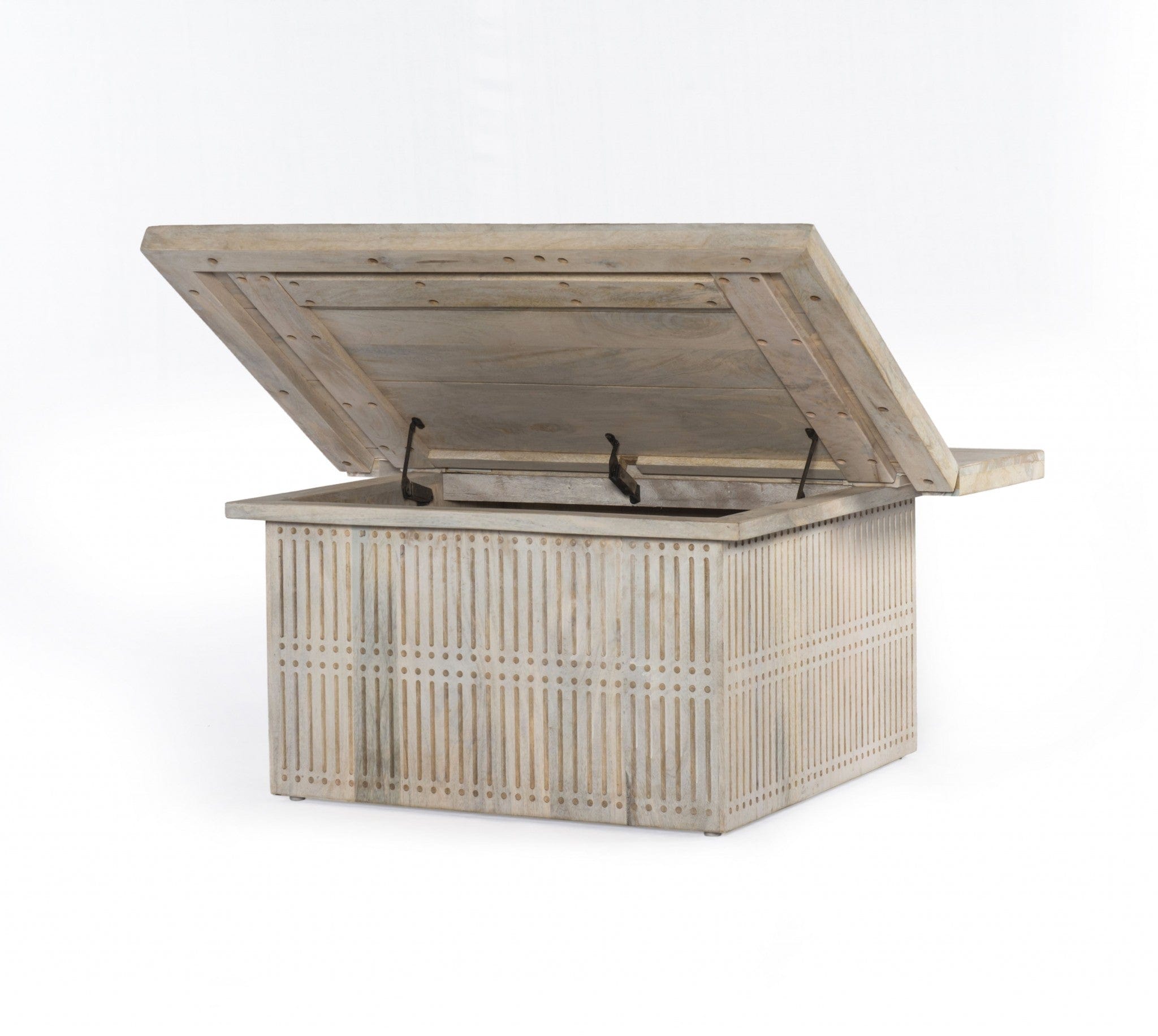 Rustic Graywash Carved Wood Storage Coffee Table - Homeroots