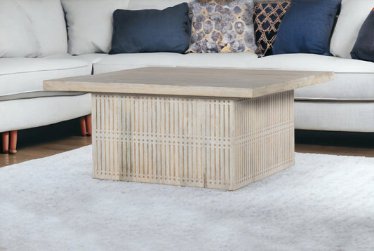 Rustic Graywash Carved Wood Storage Coffee Table - Homeroots