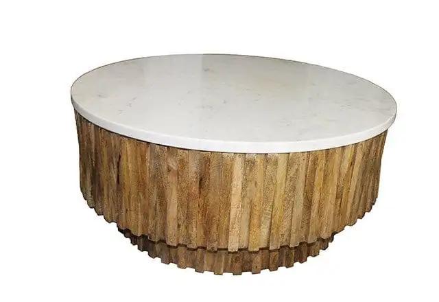 Round Marble Top and Wooden Strips Coffee Table - Homeroots