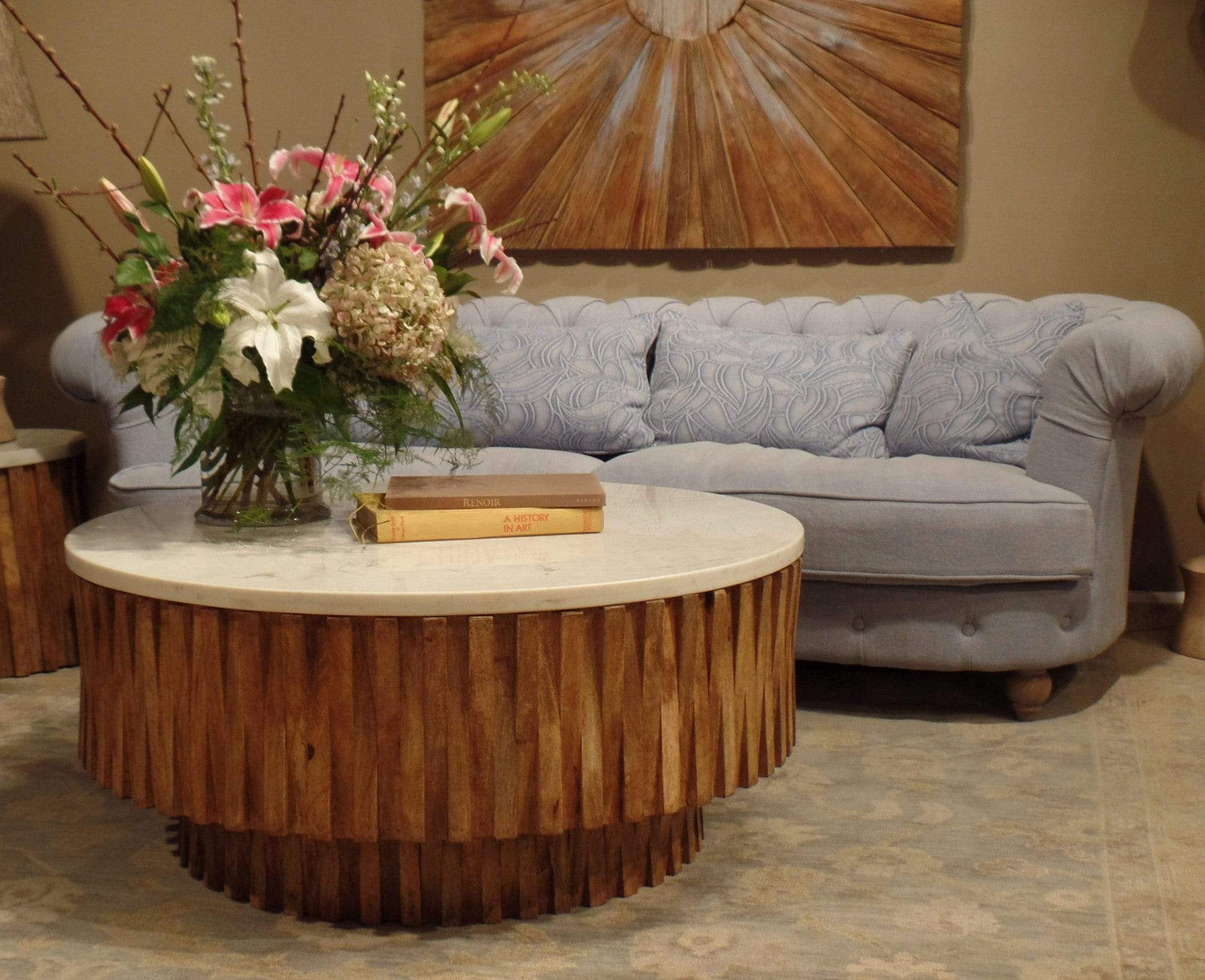 Round Marble Top and Wooden Strips Coffee Table - Homeroots - Flyclothing LLC