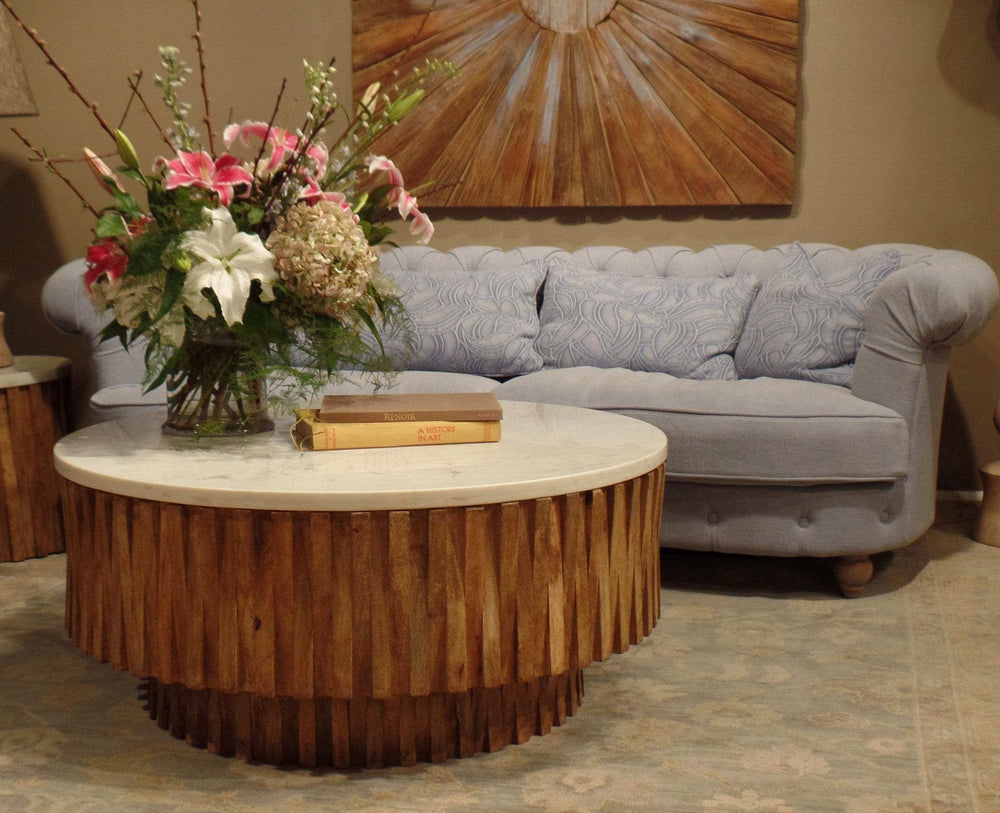 Round Marble Top and Wooden Strips Coffee Table - Homeroots - Flyclothing LLC