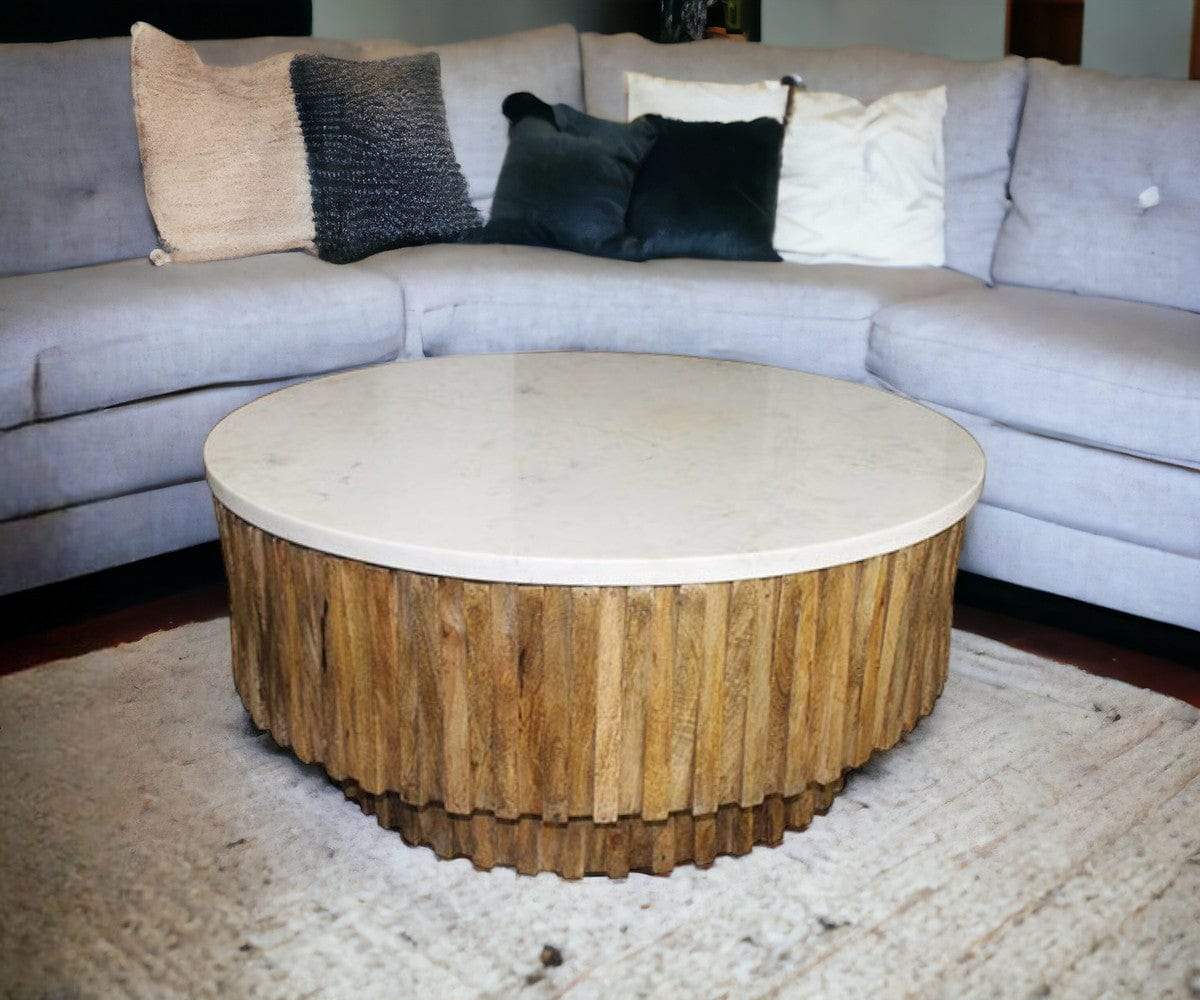 Round Marble Top and Wooden Strips Coffee Table - Homeroots - Flyclothing LLC