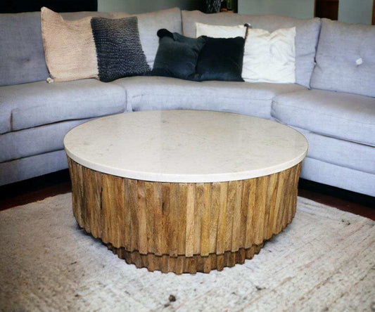 Round Marble Top and Wooden Strips Coffee Table - Homeroots - Flyclothing LLC