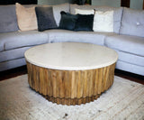 Round Marble Top and Wooden Strips Coffee Table - Homeroots