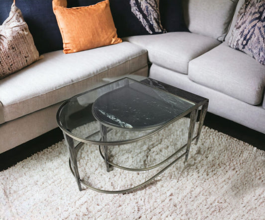 Set of 2 Black Marble Top and Glass Coffee Tables - Homeroots