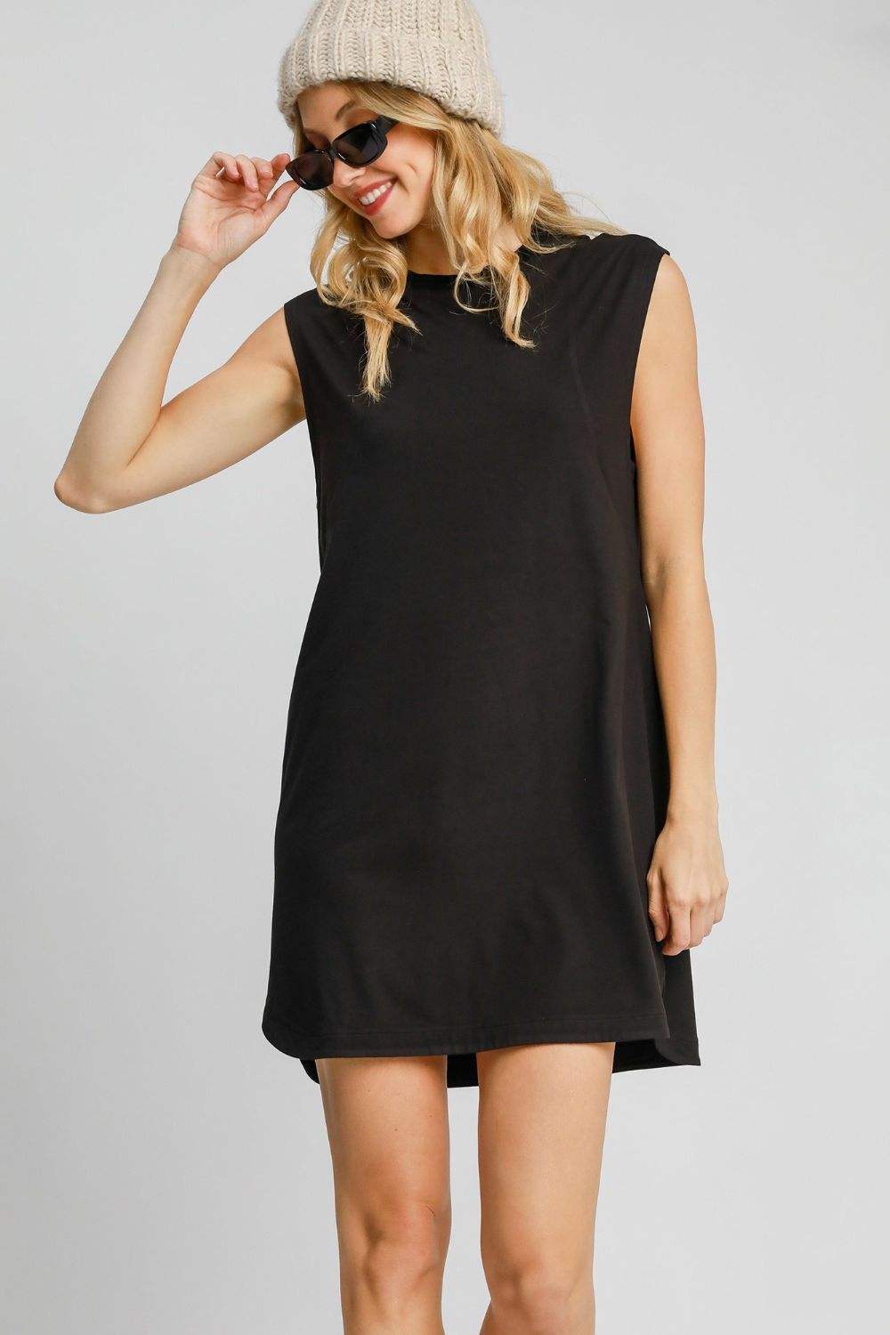 Umgee Round Neck Sleeveless High-Low Curved Hemline Mini Dress - Trendsi - Flyclothing LLC