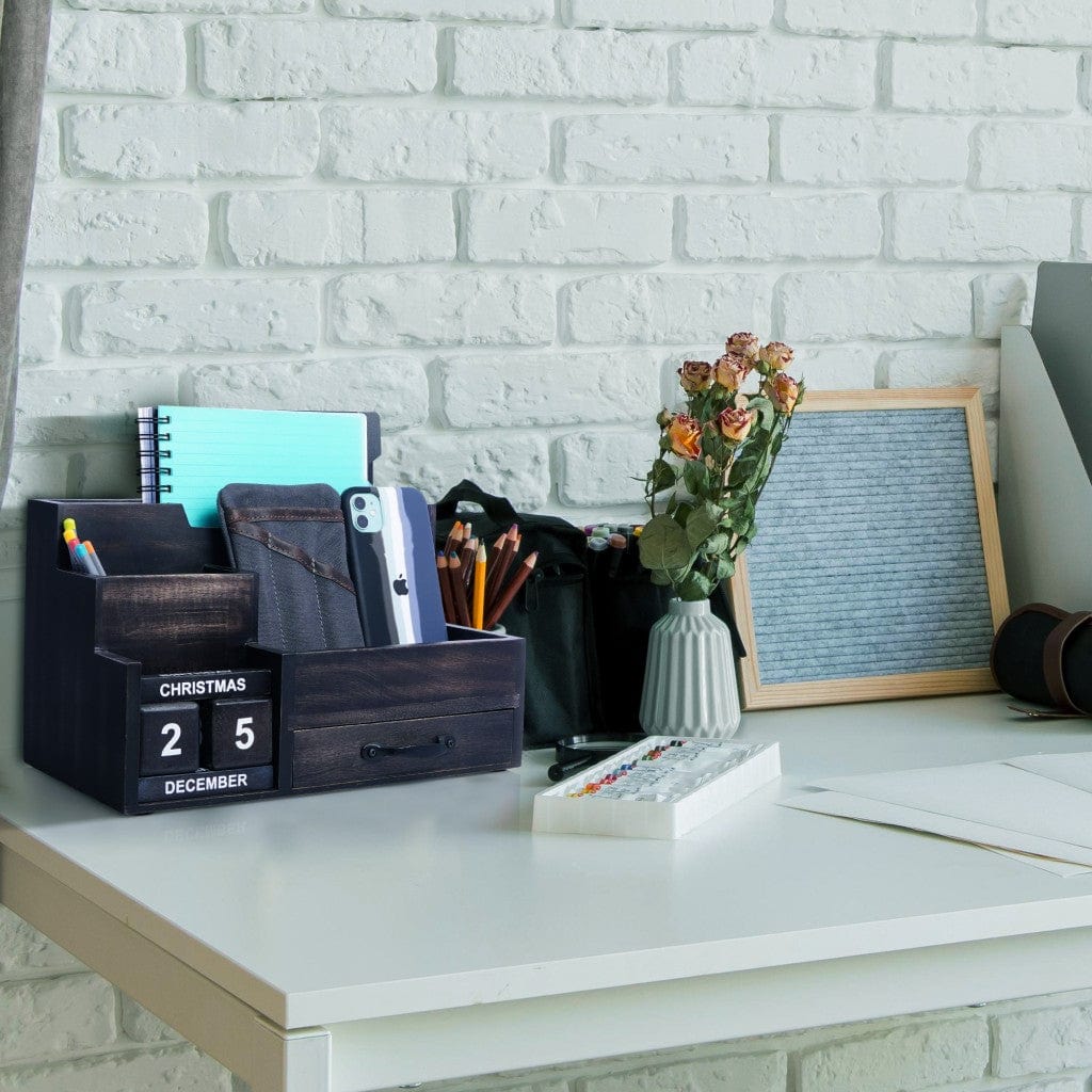 Black Rustic Wood Desk or Counter Organizer - Homeroots