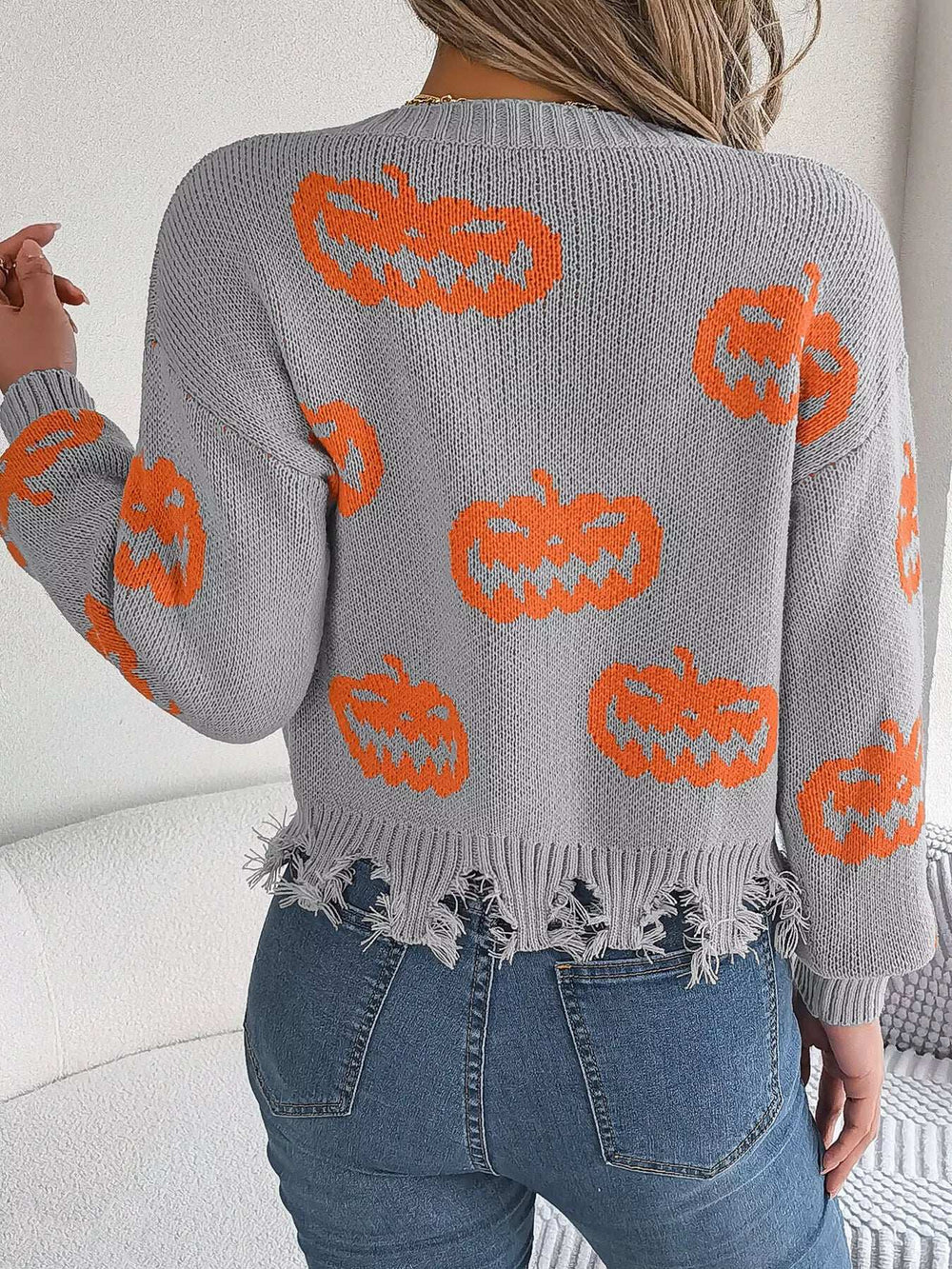 Halloween Pumpkin Pattern Raw Hem V-Neck Sweater - Trendsi - Flyclothing LLC