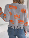 Halloween Pumpkin Pattern Raw Hem V-Neck Sweater - Trendsi - Flyclothing LLC