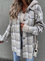 Plaid Button Up Jacket with Removable Hood - Trendsi