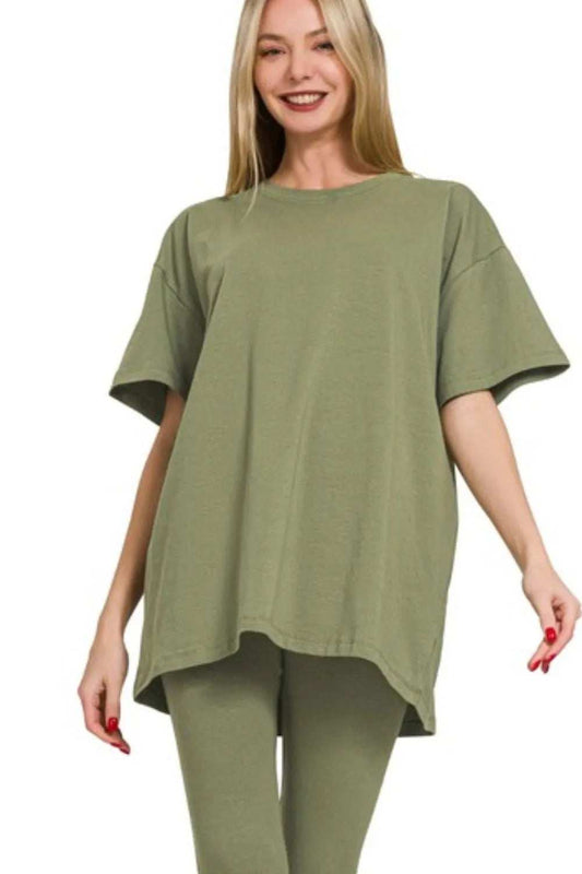 Zenana Cotton Round Neck Top & Legging Set - Trendsi - Flyclothing LLC