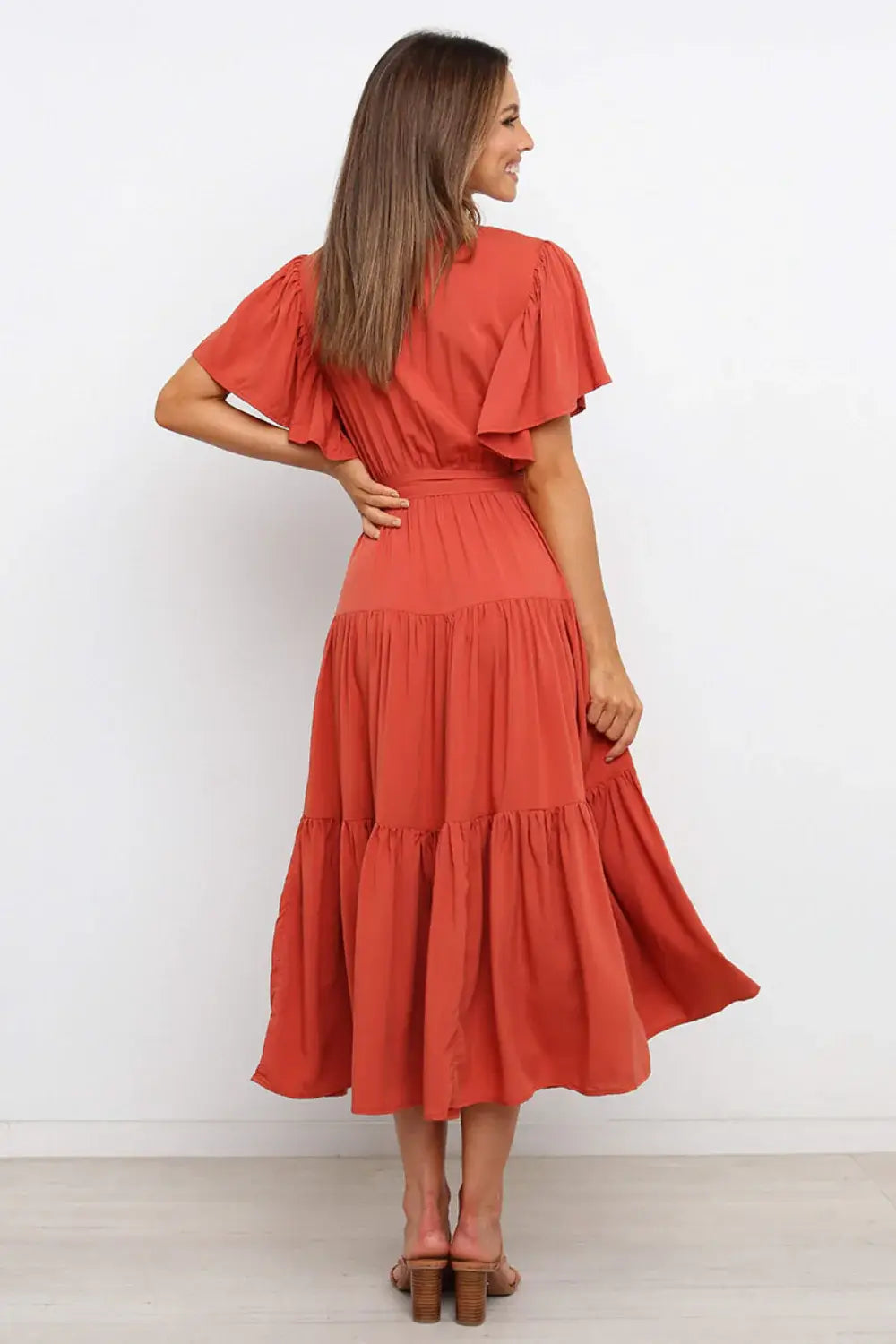Tied Tiered Short Sleeve Midi Dress - Trendsi - Flyclothing LLC