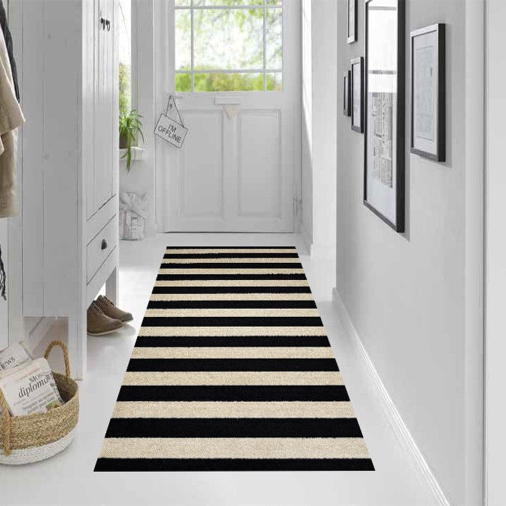 2' X 6' Black and Tan Wide Stripe Washable Runner Rug - Homeroots