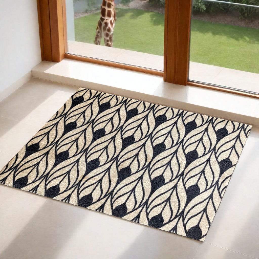 2' X 3' Graphite and Tan Abstract Leaves Washable Floor Mat - Homeroots - Flyclothing LLC