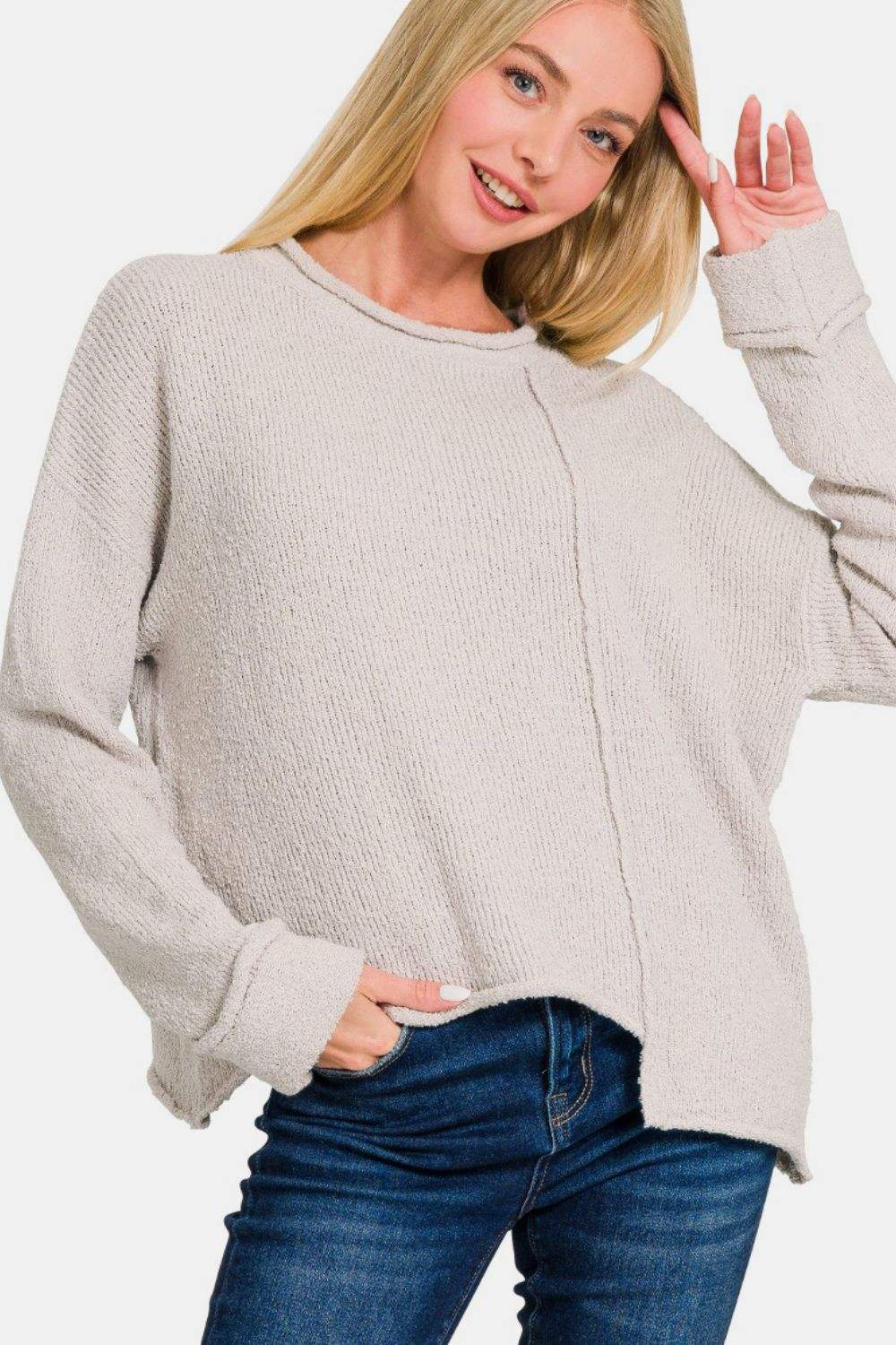 Zenana Asymmetric Hem Drop Shoulder Sweater - Trendsi - Flyclothing LLC