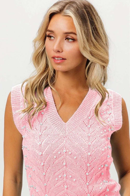 BiBi Chevron Pointelle Pearl Knit Top - Trendsi - Flyclothing LLC
