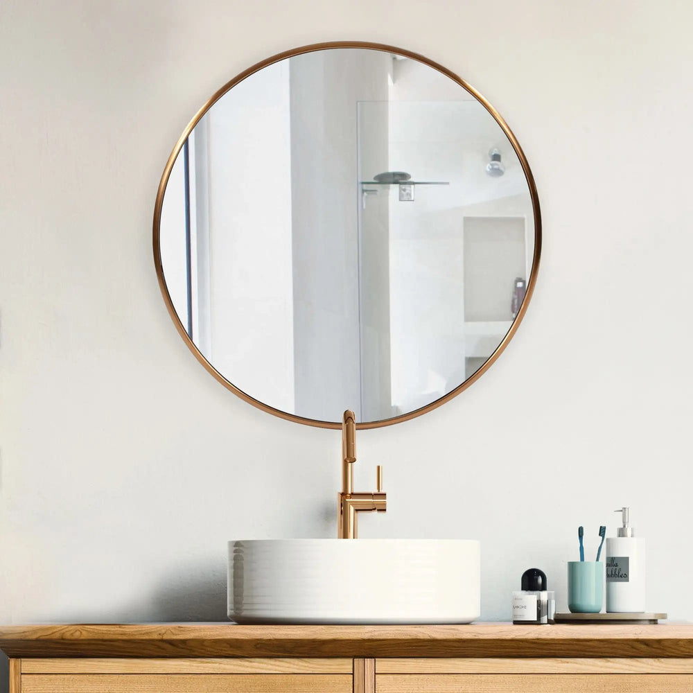 32" Antiqued Brushed Brass Round Wall Mirror - Homeroots - Flyclothing LLC