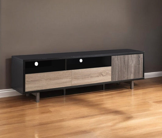 71" Brown And Black Particle Board And Mdf Cabinet Enclosed Storage TV Stand - Homeroots